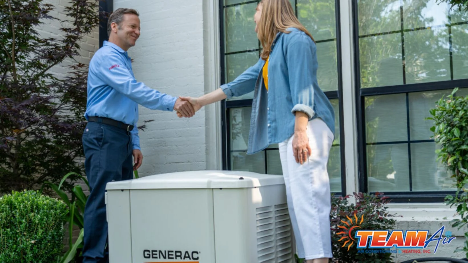 Technician providing home generator installation services with safe access near residential HVAC systems