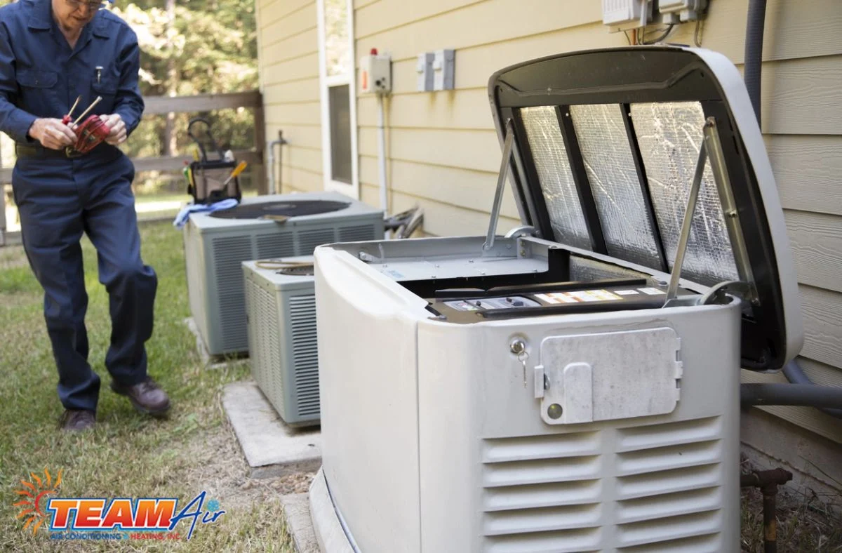 Professional technician performing a regular inspection routine while explaining essential generator maintenance tips for Orlando homeowners preparing for storm season